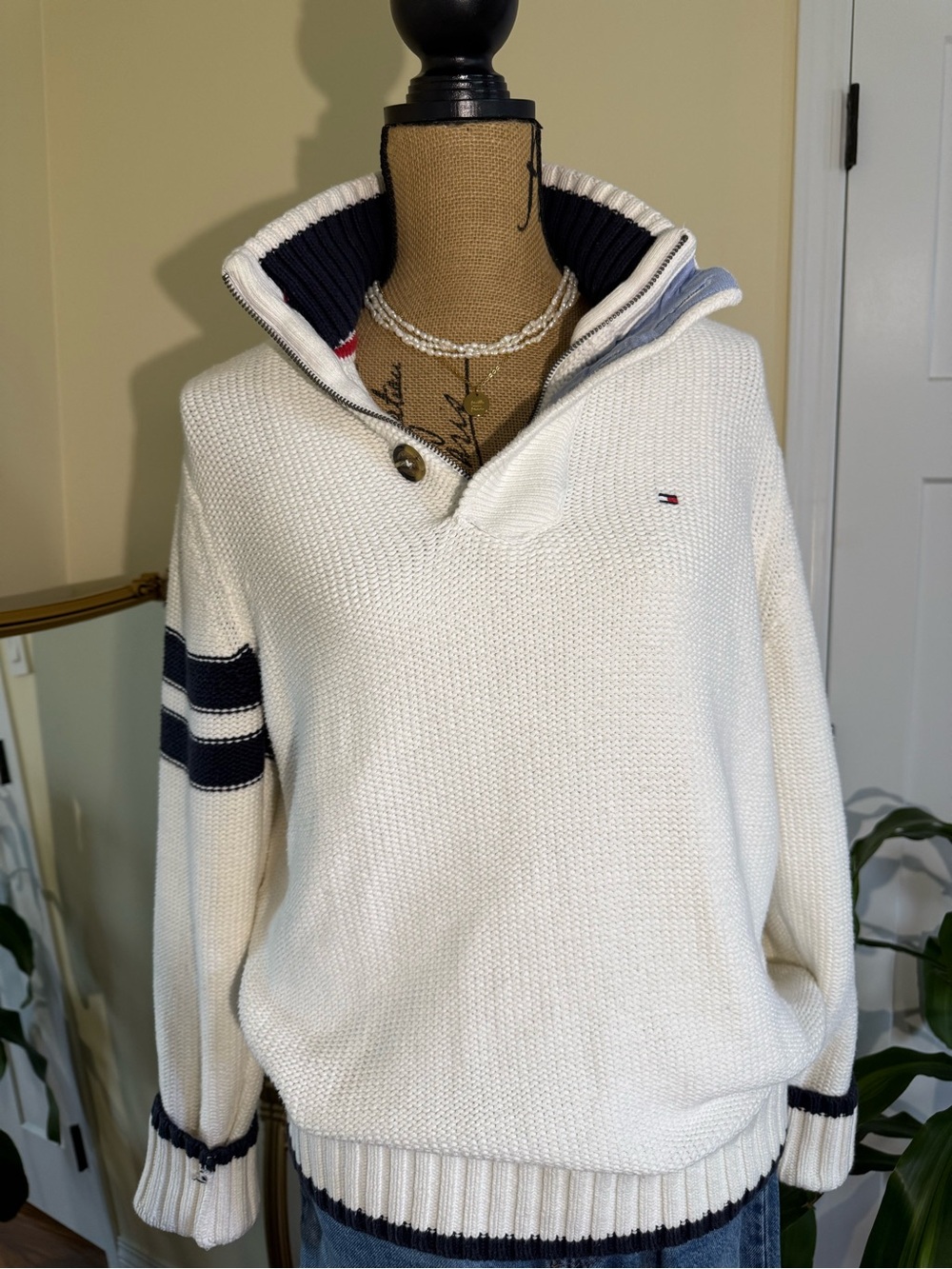 Tommy Hilfiger Cream Knit Turtleneck Sweater with Navy Trim